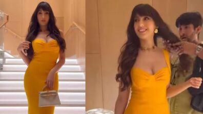 Nora Fatehi Looks Fiery Hot In Yellow Bodycon Midi Dress