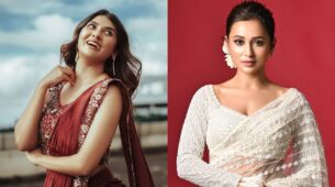 Parno Mittra in maroon designer lehenga saree or Mimi Chakraborty in white feathery sequin saree: Whose ethnic look is statement-making?