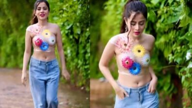 Plastic Cling Wrap with floral details are new outfit inspiration from bizarre Urfi Javed