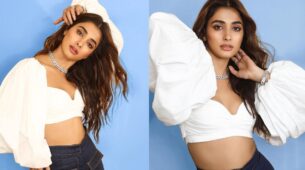 Pooja Hegde Slayed The White Puffy Sleeves Crop Top With Flared Pants Giving Sassy Looks