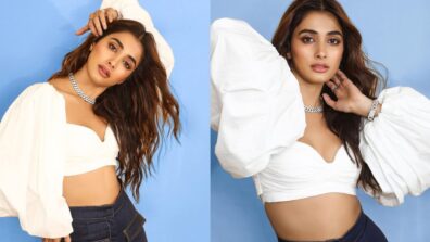 Pooja Hegde Slayed The White Puffy Sleeves Crop Top With Flared Pants Giving Sassy Looks