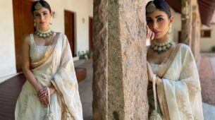 Royal Diva Mouni Roy Rocked The White Lehenga With Heavy Green Jewelry For Her Brother’s Wedding