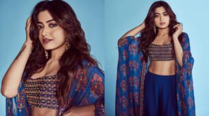 Sassy Actress Rashmika Mandanna Slays The Blue Ethnic Outfit With Floral Shrug