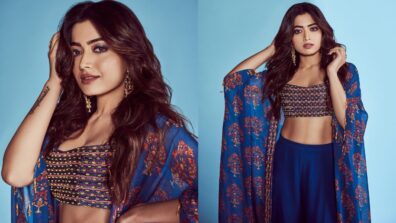 Sassy Actress Rashmika Mandanna Slays The Blue Ethnic Outfit With Floral Shrug