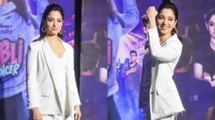Tamannaah Bhatia Poses In White Pantsuit For Babli Bouncer Trailer Launch Event Look