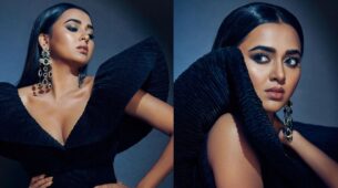 Tejasswi Prakash Looks Electrifying In Black Bodycon Gown With Butterfly Sleeves
