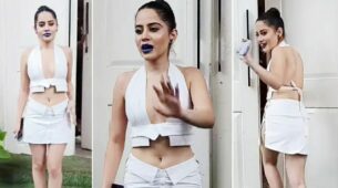 Urfi Javed Looks Hot In White Cut-Out Backless Skirt Top With Blue Lipstick