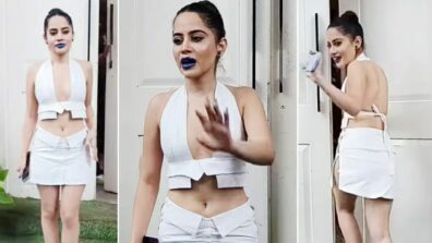 Urfi Javed Looks Hot In White Cut-Out Backless Skirt Top With Blue Lipstick