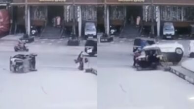 Viral video: A woman escaped miraculously as a speeding car met in an accident with an autorickshaw