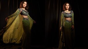 Nushrratt Bharuccha is all about ‘superwoman’ vibes in gorgeous green cape shimmery outfit, we are crushing