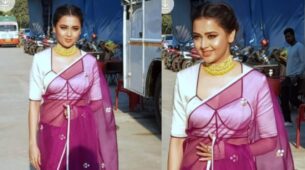 Watch: ‘Naagin’ babe Tejasswi Prakash looks smoking hot in pink transparent saree, see on-location footage