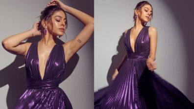 Alaya F Shines Brightly In Purple Hued Satin Pleated Plunging Neckline Gown