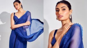 Athiya Shetty Sizzles The Blue Netted Saree, Impressing Us With Her Fashion Moments