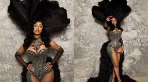 Cardi B Serves Some Breathtaking Looks On Social Media In A Black And Silver Corset With Feathered Headdress, See Pics