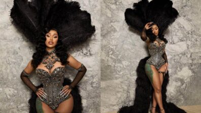 Cardi B Serves Some Breathtaking Looks On Social Media In A Black And Silver Corset With Feathered Headdress, See Pics