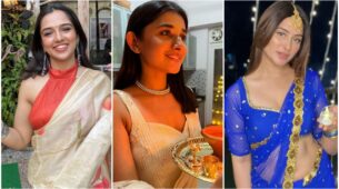 Diwali 2022: Ahsaas Channa stuns in backless red blouse and saree, Kanika Mann dazzles in embroidered lehenga, Mahira Sharma triumphs in blue embellished saree