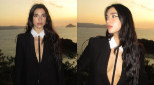 Photodump: Dua Lipa explores Naoshima, Japan in plunging shirt dress