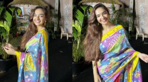 Durga Puja 2022: Anushka Sen visits Kumar Sanu’s Puja pandal at Versova, looks drop-dead gorgeous in multicoloured printed saree