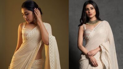 Fashion Battle: Mouni Roy or Krithi Shetty; Who wore the ivory mukaish work off-white saree better?