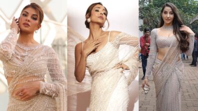 Fashion Battle: Nora Fatehi, Malaika Arora, or Jacqueline Fernandez; Who wore the pastel sequin embellished saree in better style?