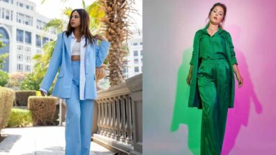 Fashion Divas: Hina Khan In Green Satin Or Sargun Mehta In Blue Tailored: Whose Three Piece Pant Is Statement Style?