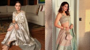 Happy Diwali: Dia Mirza looks glamourous in sheer silver saree, Nargis Fakhri sparks elegance in pastel embellished lehenga