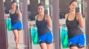 Watch: Hina Khan shares mirror selfie video from gym, looks burning hot in black tank top and blue shorts