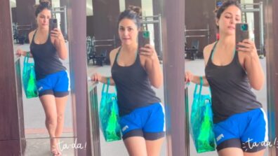 Watch: Hina Khan shares mirror selfie video from gym, looks burning hot in black tank top and blue shorts