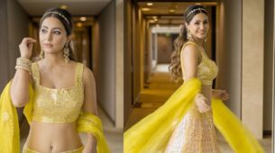 Hina Khan Looks Divine In Yellow Mirror Work Lehenga