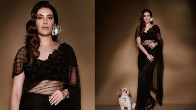 Karishma Tanna Poses In A Black Saree With Her Dog, Looks Cute