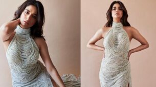 Keerthy Suresh Aced Her Fashion Game In Pearl Beaded Halter Neck Thigh-high Slit Backless Gown