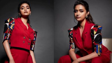 Keerthy Suresh Looks Smoking Hot In Red Monochrome Outfit With Multicoloured Sleeves