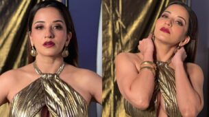 Monalisa looks fierce in golden pleated deep neck dress, see pics