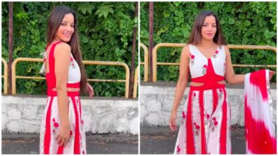 Monalisa Rocks The Cut-out Red And White Anarkali Striking Stunning Poses