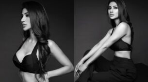 Mouni Roy Looks Hot Flaunting Her Belly Curves In Black Co-ord Set