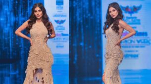 Mouni Roy Sizzles The Ramp In Beige Bodycon Gown