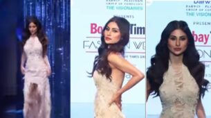 Mouni Roy swings in ivory hand-draped embellished gown for Times Fashion Week