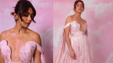 Mrunal Thakur Looks Like A Cute Princess In Pink Off-shoulder Gown