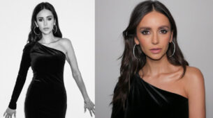 Nina Dobrev’s Smokey Edge Look In Galvan London Black One-Shoulder Thigh High Slit Body Hugging Gown