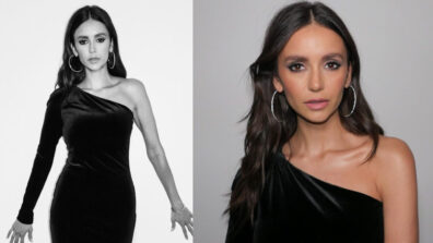 Nina Dobrev’s Smokey Edge Look In Galvan London Black One-Shoulder Thigh High Slit Body Hugging Gown