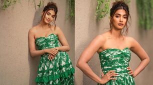 Pooja Hegde is ultimate beauty queen in green and white printed strapless outfit, we are in love