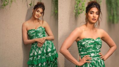 Pooja Hegde is ultimate beauty queen in green and white printed strapless outfit, we are in love