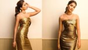 Pooja Hegde Looks Hot And Sassy In Golden Hued Off-shoulder Bodycon gown