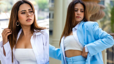 Punjabi actress Sargun Mehta looks all bossy in blue oversized pantsuit with bralette, her sports heel shoes steal the show