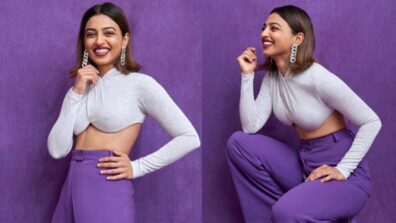 Purple Beauty Radhika Apte Looks Uber Cool In Hers  Grey Crop Top With Purple Flared Pant