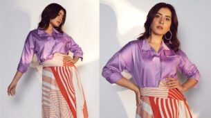 Raashii Khanna Looks Hot And Sassy In Striped Skirt With Purple Shirt, Giving Stylish Looks