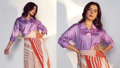 Raashii Khanna Looks Hot And Sassy In Striped Skirt With Purple Shirt, Giving Stylish Looks