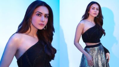 Rakul Preet Singh Looks Hot In Black One-shoulder Top With Sequin Long Skirt For Her Film Promotion Look