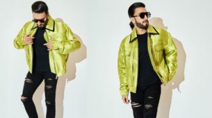 Ranveer Singh Looks Dapper In Black T-shirt With Green Leather Jacket, Giving Classy Poses