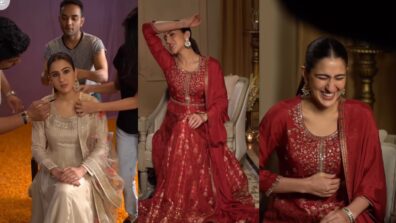 From golden shimmery lehenga to blue salwar to red lehenga: Check out Sara Ali Khan’s special festive wardrobe this season